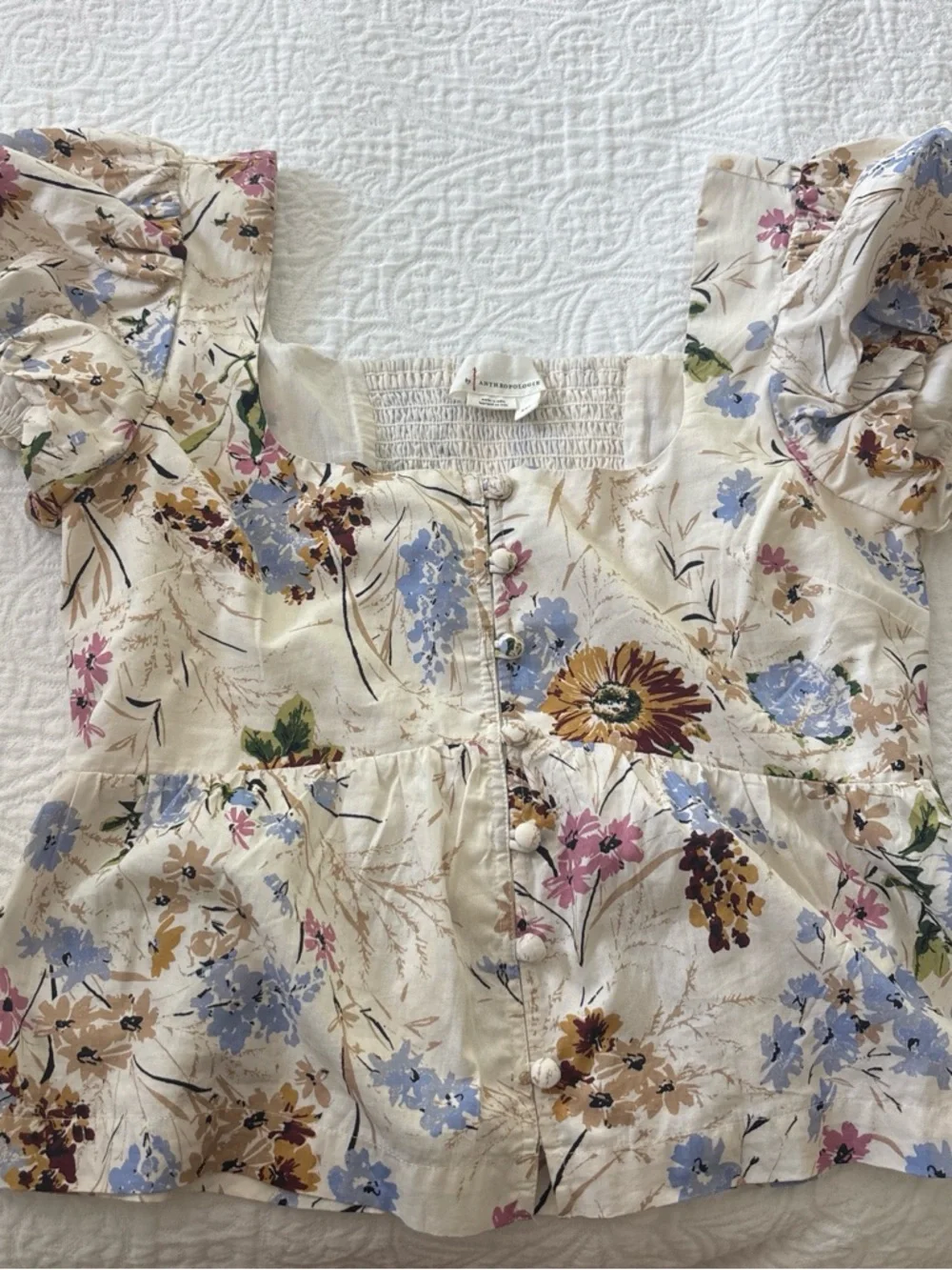 Floral Square-Neck Puff Sleeve Top - Cream